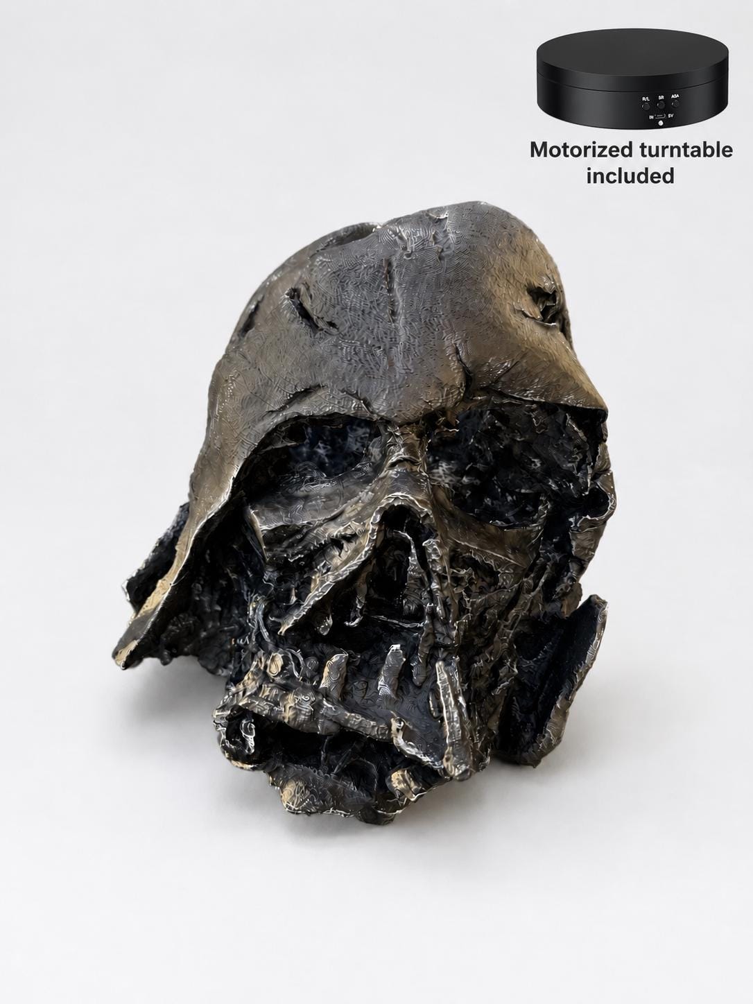 Battle-Damaged Villain Helmet — 1:1 Scale Display Prop | 3D Printed, Rotating Turntable Included | Made to Order